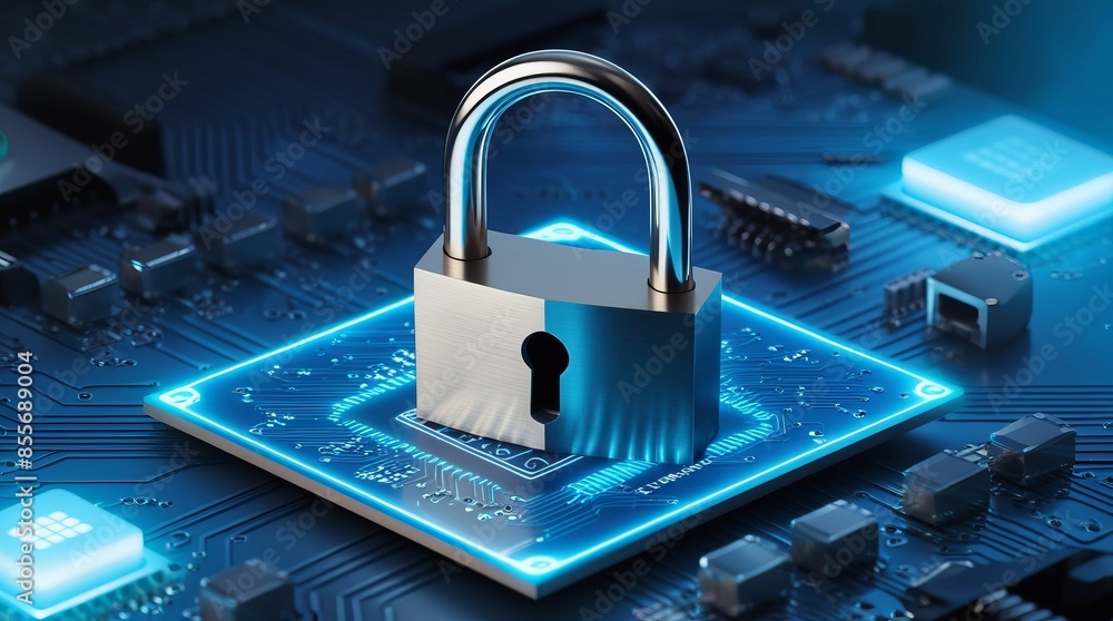 Poster a padlock placed on a computer chip, symbolizing cybersecurity and data protection. the background f