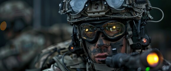 Fototapeta premium A Pilot Wearing Night-Vision Goggles During A Covert Nighttime Operation, Navigating Silently Over Hostile Territory