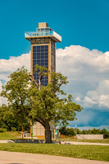 Summer view with an observation tower at Obernberg am Inn, Upper Austria, Austria