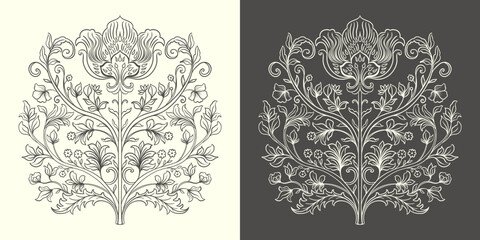 Mughal Art is a traditional bunch flower of floral ornaments. A line motif on a light background, isolated element. Fantasy traditional bouquet.