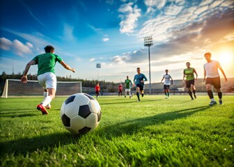 Fototapeta premium A Group Of Men Playing Soccer On A Field During The Day.