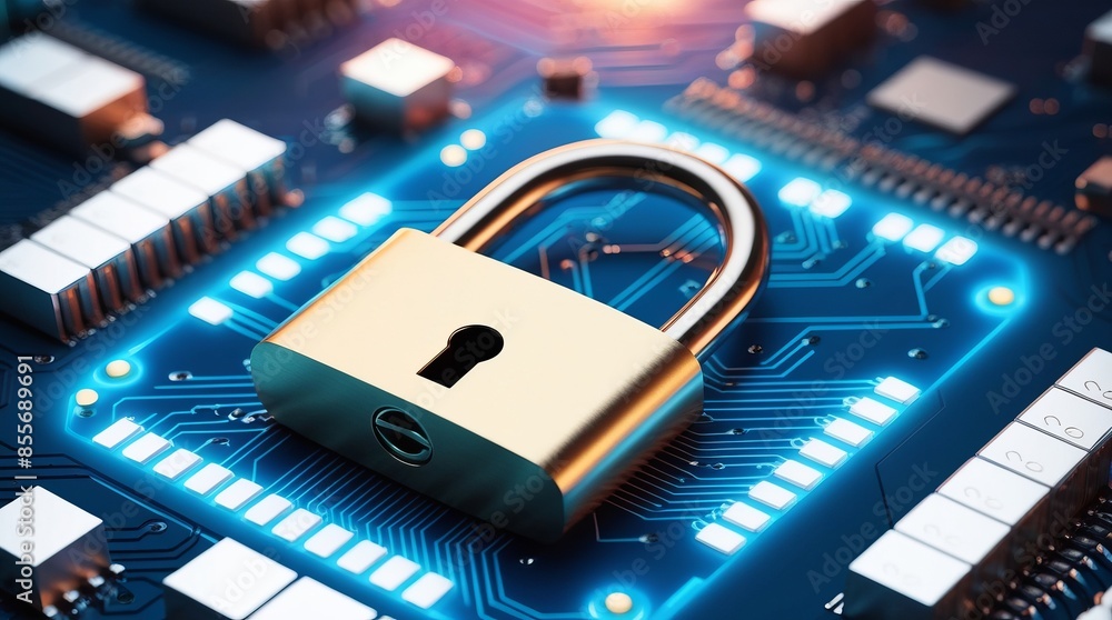 Poster a padlock placed on a computer chip, symbolizing cybersecurity and data protection. the background f