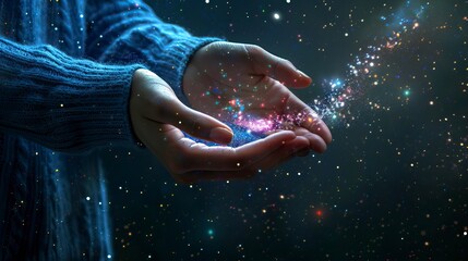 Fototapeta premium Stardust and magic in woman hands on dark background