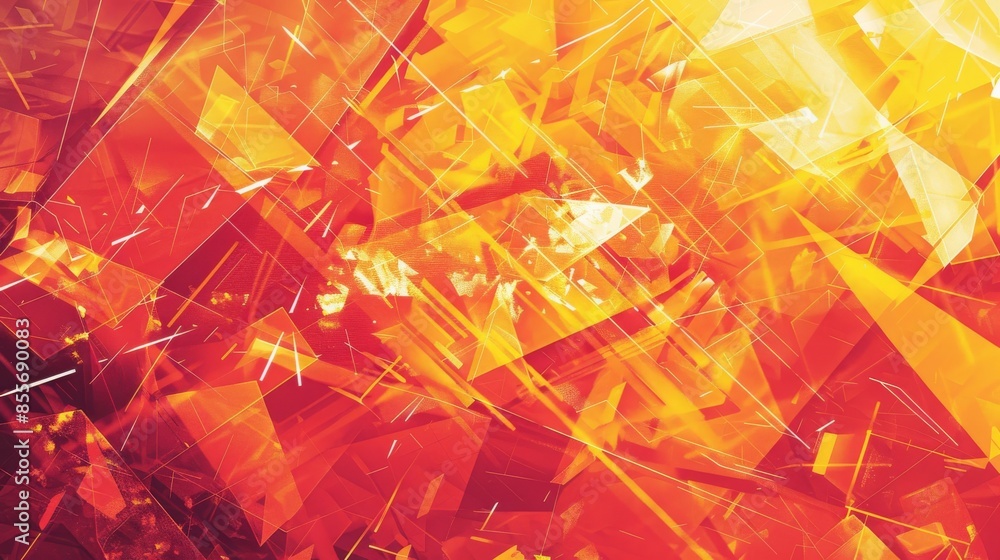 Poster abstract geometric design with vibrant red and yellow hues, featuring sharp angles and dynamic light