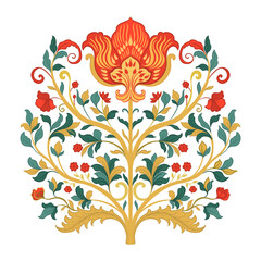 Mughal Art is a traditional bunch flower of floral ornaments. A multi-color motif on a light background, isolated element. Fantasy traditional bouquet.