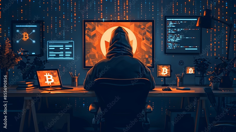 Poster hacker setting up dark web marketplace for digital goods and cryptocurrency transactions