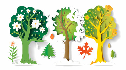 Four seasons tree isolated on white background, spring with flowers, green summer, yellow autumn, snow winter. Vector illustration. Paper cut cartoon style,