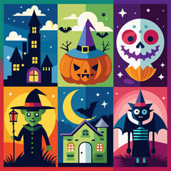 A collection of Halloweenthemed icons designed in a flat style
