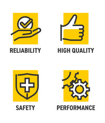 Icons set in bold line - Safety, Performance, Reliability, High Quality
