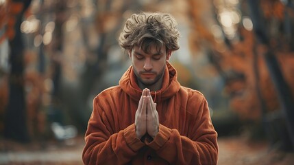 Man Showing Sincere Respect with Hands Clasped in Thoughtful Outdoor Autumn Landscape