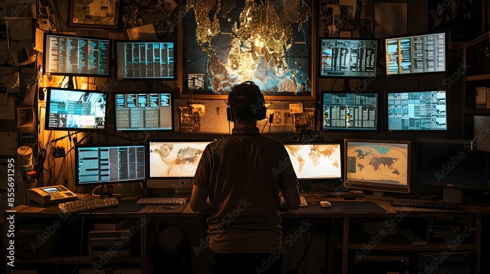 Poster hacker in the dark room surrounded by code filled digital screens exploring cybersecurity and data l