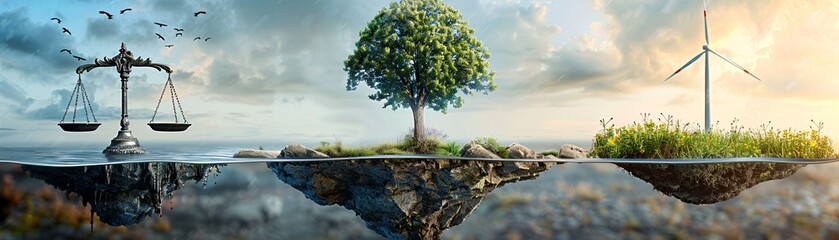 A set of scales tips heavily towards one side with traditional energy sources like oil and gas, while the other side holds renewable resources like wind and solar energy. The background remains