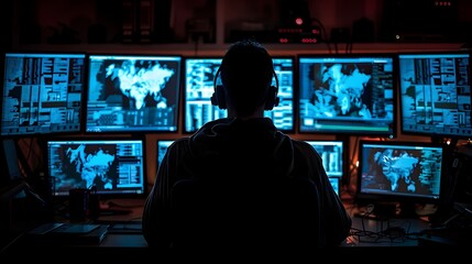 A Hacker in Dark Room Surrounded by Multiple Illuminated Screens Displaying Digital Maps and Computer Code Cybersecurity Concept