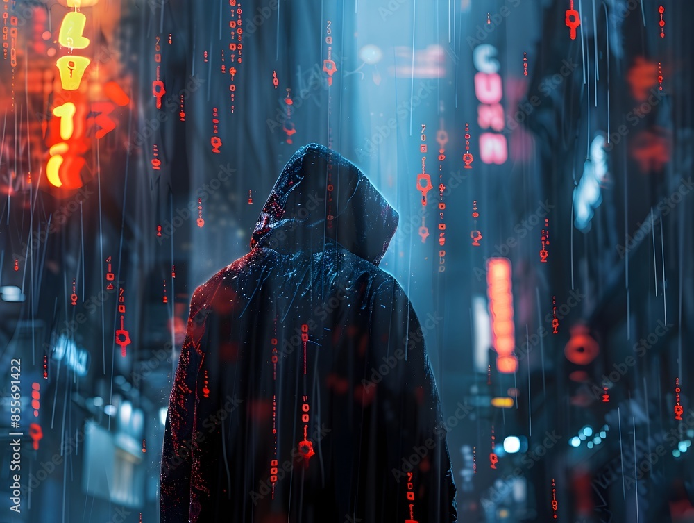 Poster hacker infiltrating corporate network with digital locks and encrypted codes floating in air
