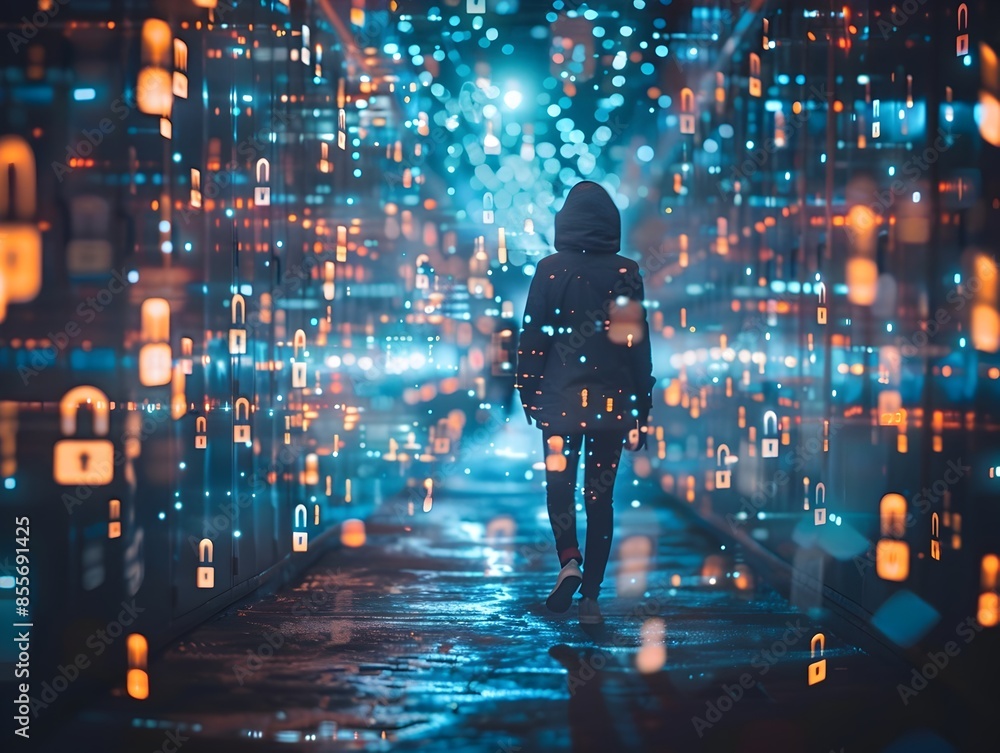 Poster hacker infiltrating a corporate network with floating digital locks and encrypted codes in futuristi