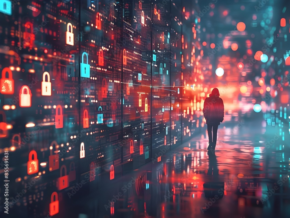 Poster hacker infiltrating corporate network with glowing digital locks and encrypted codes