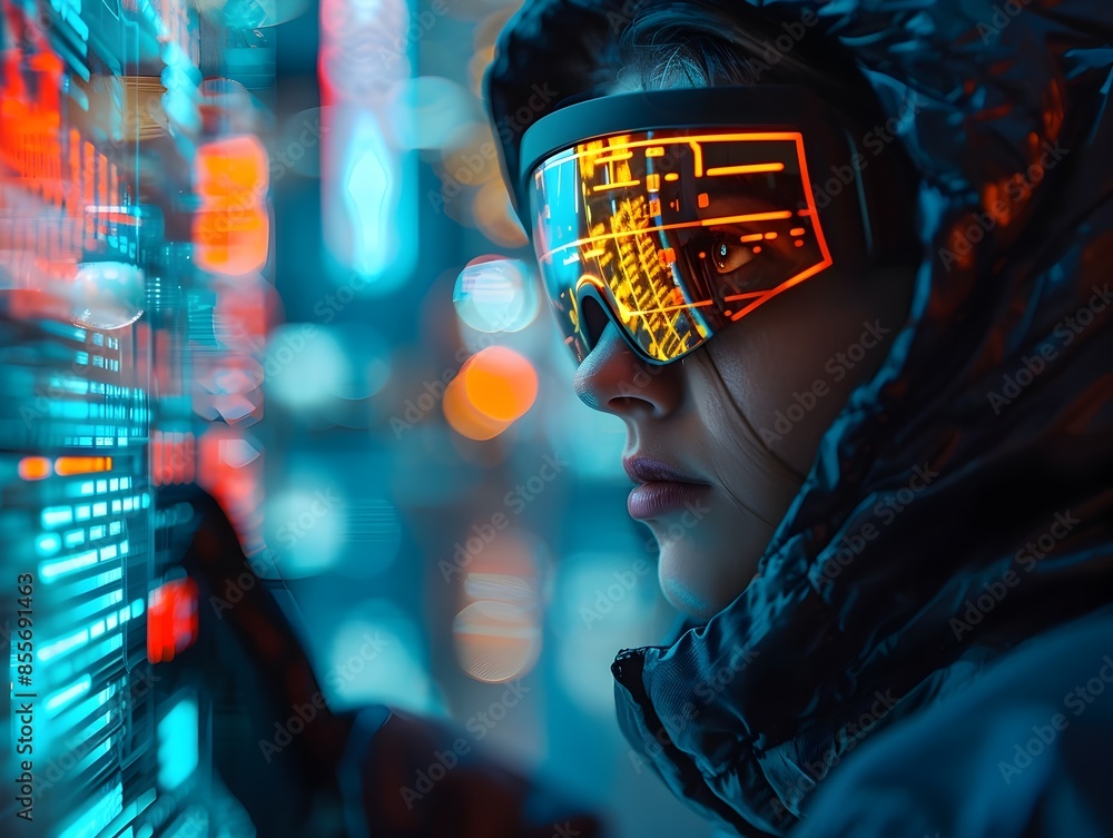 Poster hacker navigating through augmented reality digital interface overlaid on real world