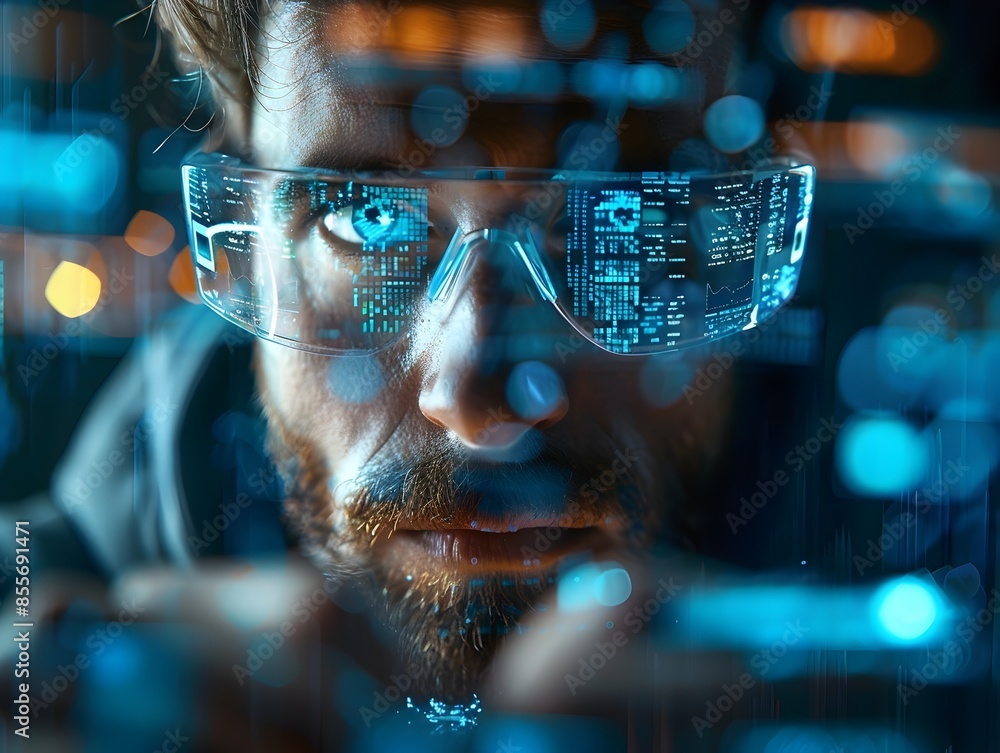 Poster hacker using augmented reality glasses navigating digital interface overlaid on real world
