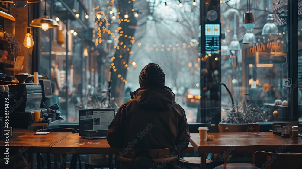 Poster lone hacker blends into busy coffee shop executing sophisticated hack