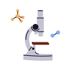 Microscope, science equipment technology, chemistry science study, chemical lab research, laboratory experiment, doctor scientist medical laboratory analyzing on background flat vector illustration.

