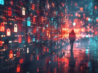 Hacker Infiltrating Corporate Network with Glowing Digital Locks and Encrypted Codes