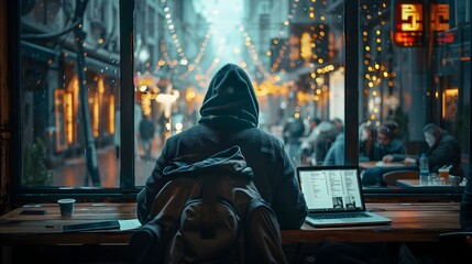 Hooded Hacker Blends into Bustling Cafe Executing Sophisticated Cyber Maneuver