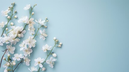 Delicate white flowers on blue background view from above flat lay with text space Pink floral card background