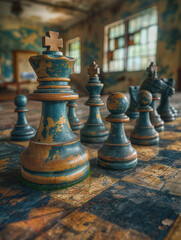 Strategische Weltkarte mit zurückgelassenen Schachfiguren