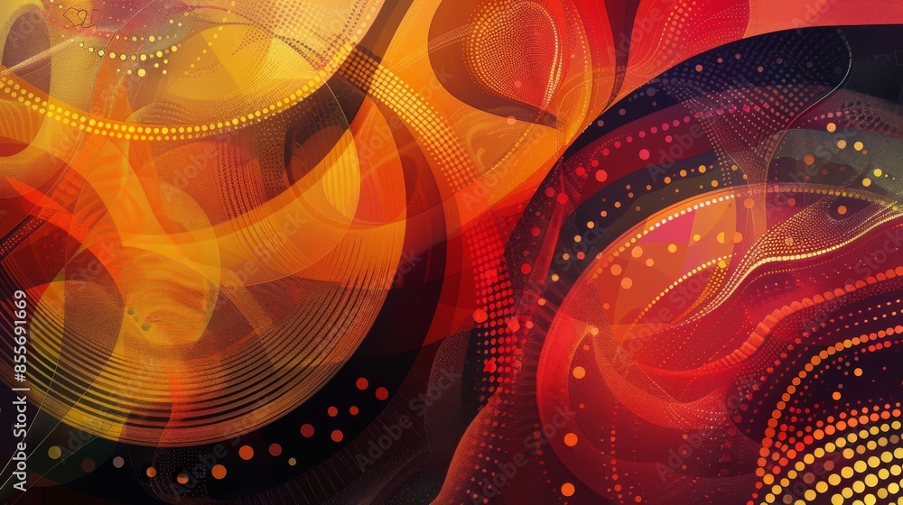 Poster abstract artwork featuring curved patterns and dots in warm hues of red, orange, and yellow, creatin