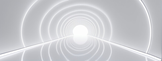 Obraz premium White background 3D room light abstract space technology tunnel stage floor. Empty white future 3D neon background studio futuristic corridor render modern interior silver road black wall design gray