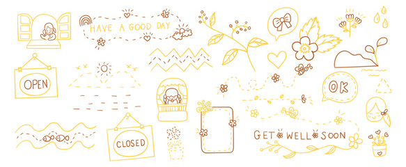 Hand drawn outline doodles vector design elements set of flowers, have a good day lettering, bow, girl, watering plants, heart.