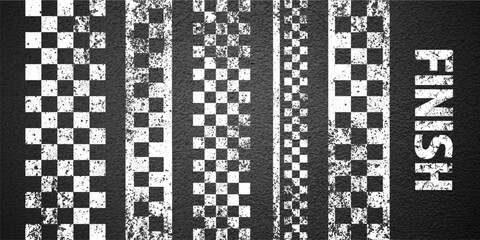 Asphalt road with white start or finish checkered line marking, concrete highway surface, texture. Street traffic lane, road dividing strip. Pattern with grainy structure. Vector illustration
