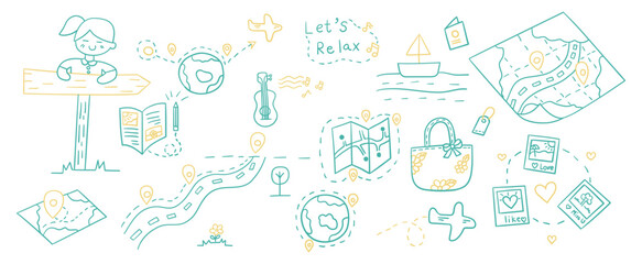 Hand drawn outline doodles vector design elements set of guitar, airplane, passport, world map pin, wood road sign, location, roadmap. travel concept illustration.