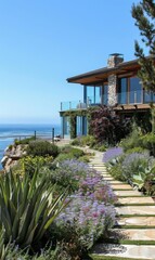 Fototapeta premium Scenic panoramic view of oceanfront homes overlooking a beautifully landscaped seaside garden