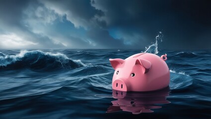 A pink piggy bank floating in a turbulent ocean under a dramatic sky, symbolizing financial instability or crisis.