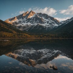 Football  by a mountain lake reflecting the peaks
