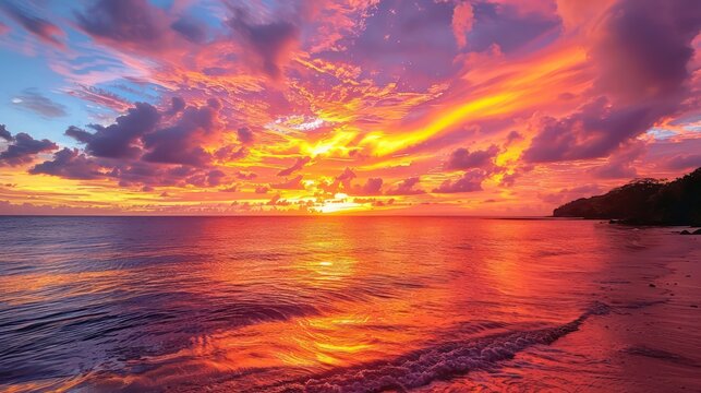 A beautiful sunset over the ocean with a reflection of the sun on the water