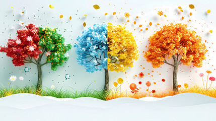 Four seasons tree isolated on white background, spring with flowers, green summer, yellow autumn, snow winter. Vector illustration. Paper cut cartoon style,