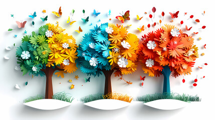 Four seasons tree isolated on white background, spring with flowers, green summer, yellow autumn, snow winter. Vector illustration. Paper cut cartoon style,