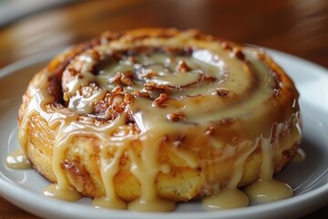 A freshly baked cinnamon roll with gooey icing dripping down the sides.