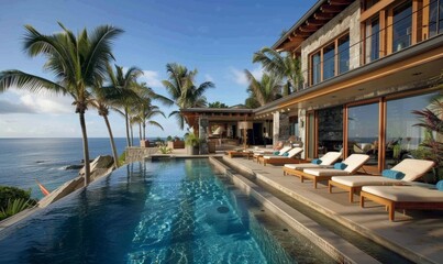 Fototapeta premium Luxurious oceanfront home featuring a seaside pool and lounge area, perfect for relaxation and coastal living
