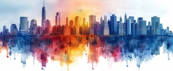Colorful urban skyline with a rainbow gradient reflecting in water at sunset