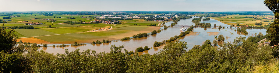Obraz premium High resolution stitched summer panorama during the flood 2024 at Mount Bogenberg, Bogen, Danube, Bavaria, Germany