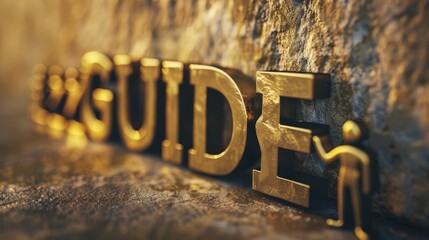 "GUIDE" in leadership gold, over educational leadership stories, with a teacher guiding students