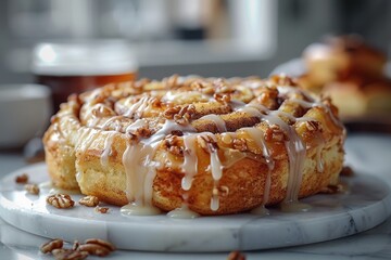 A freshly baked cinnamon roll with gooey icing dripping down the sides.
