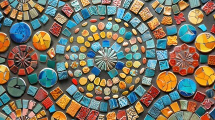 Obraz premium A mosaic of colorful tiles with a blue center