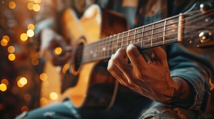 Obraz premium A man is playing a guitar with his left hand