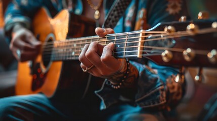 Obraz premium A man is playing a guitar with his hands on the strings