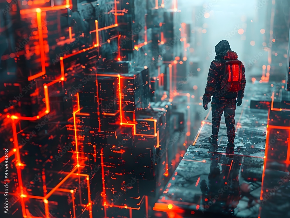 Poster hacker evading digital traps and firewalls in a high tech obstacle course