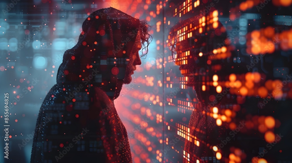 Aufkleber hacker infiltrating a secure database with layers of digital security peeled away